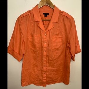Westbound 100% Linen Warm Coral Orange Color Roll Sleeve Button Front Size 12